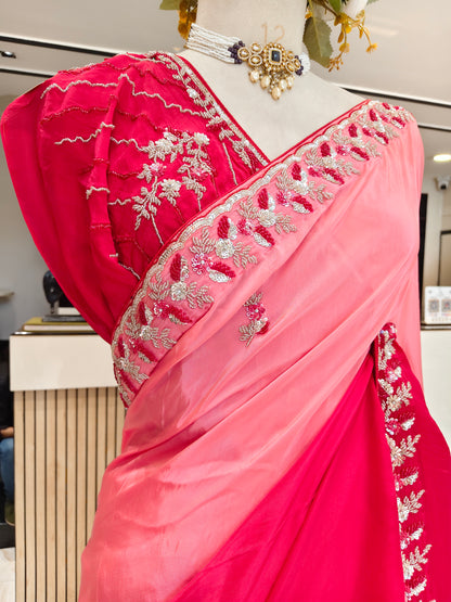 Red Pink Crepe Saree