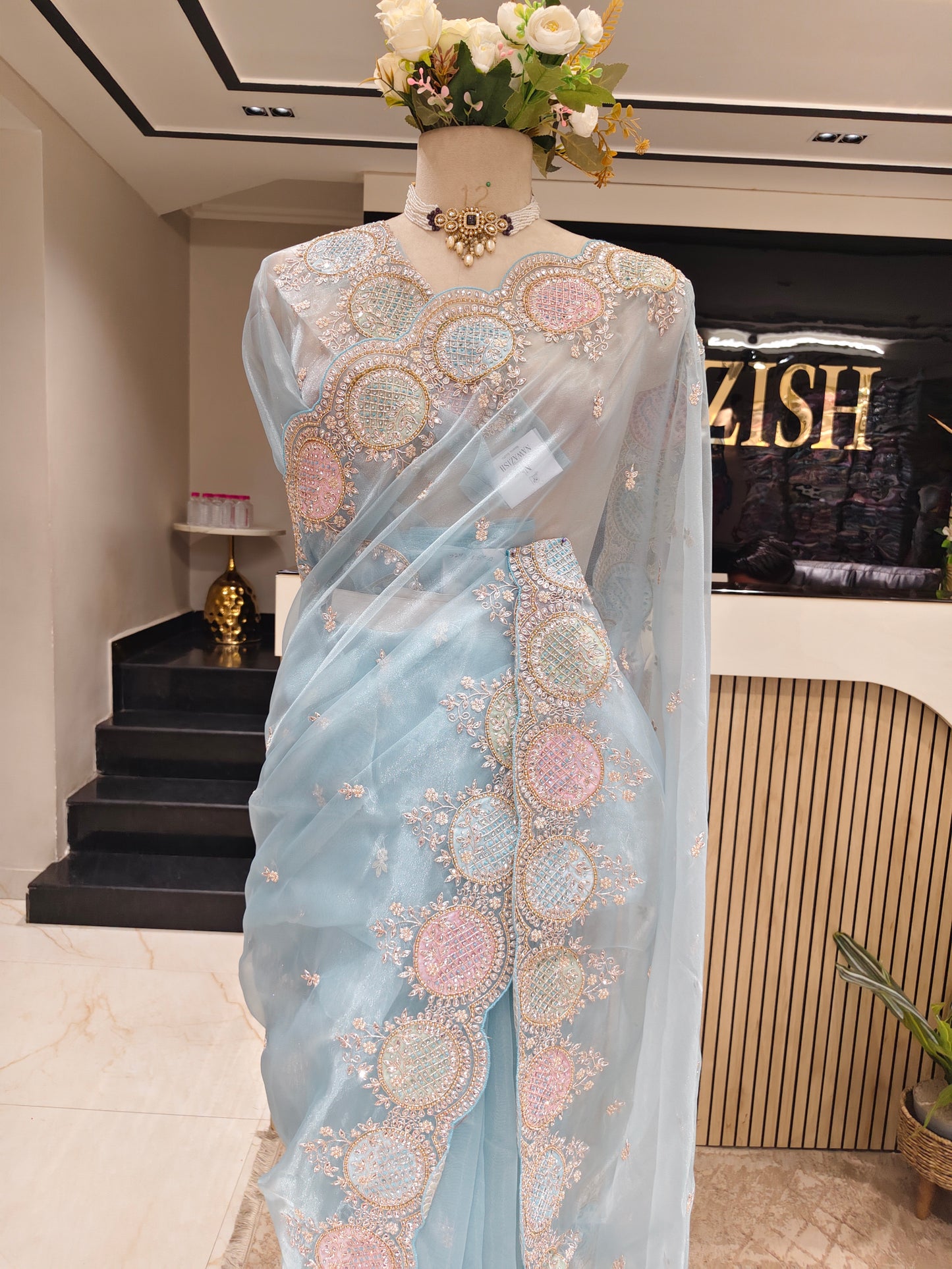 Sea Green Glass Tissue Saree