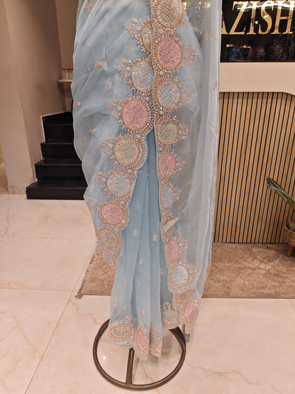Sea Green Glass Tissue Saree