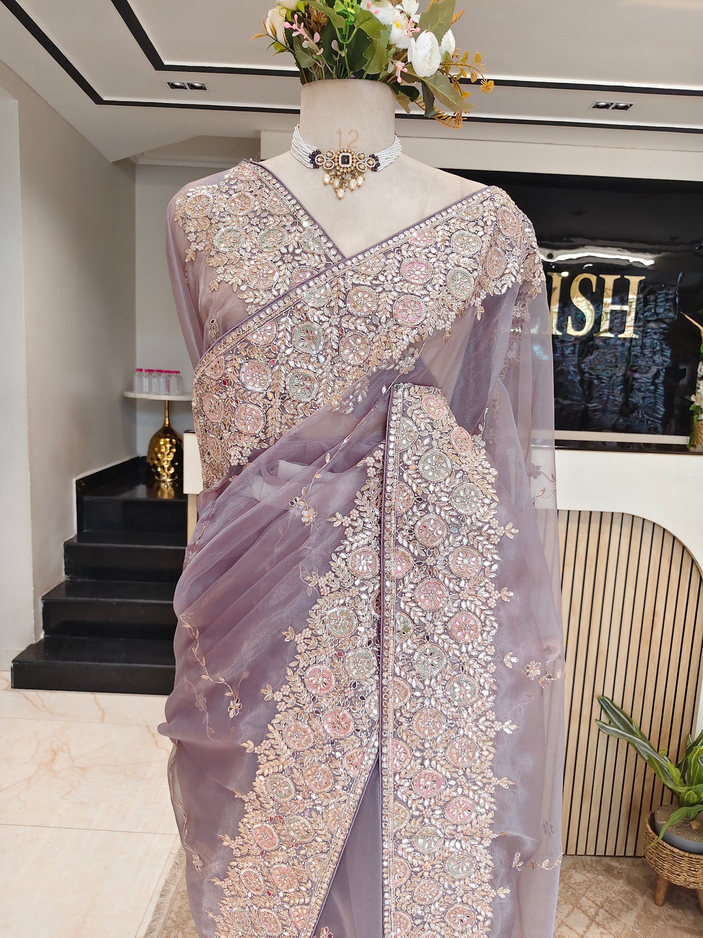 Grey Glass Tissue Saree
