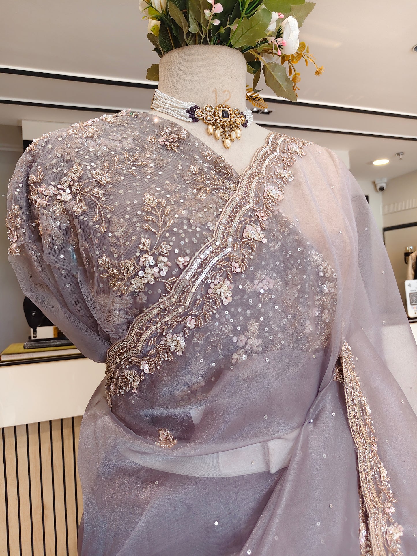 Grey Glass Tissue Saree