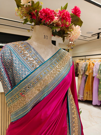 Rani Pink Rama Green Silk Saree
