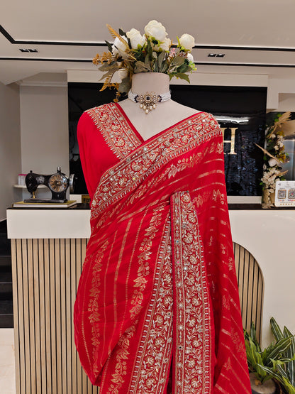 Red Crepe Saree