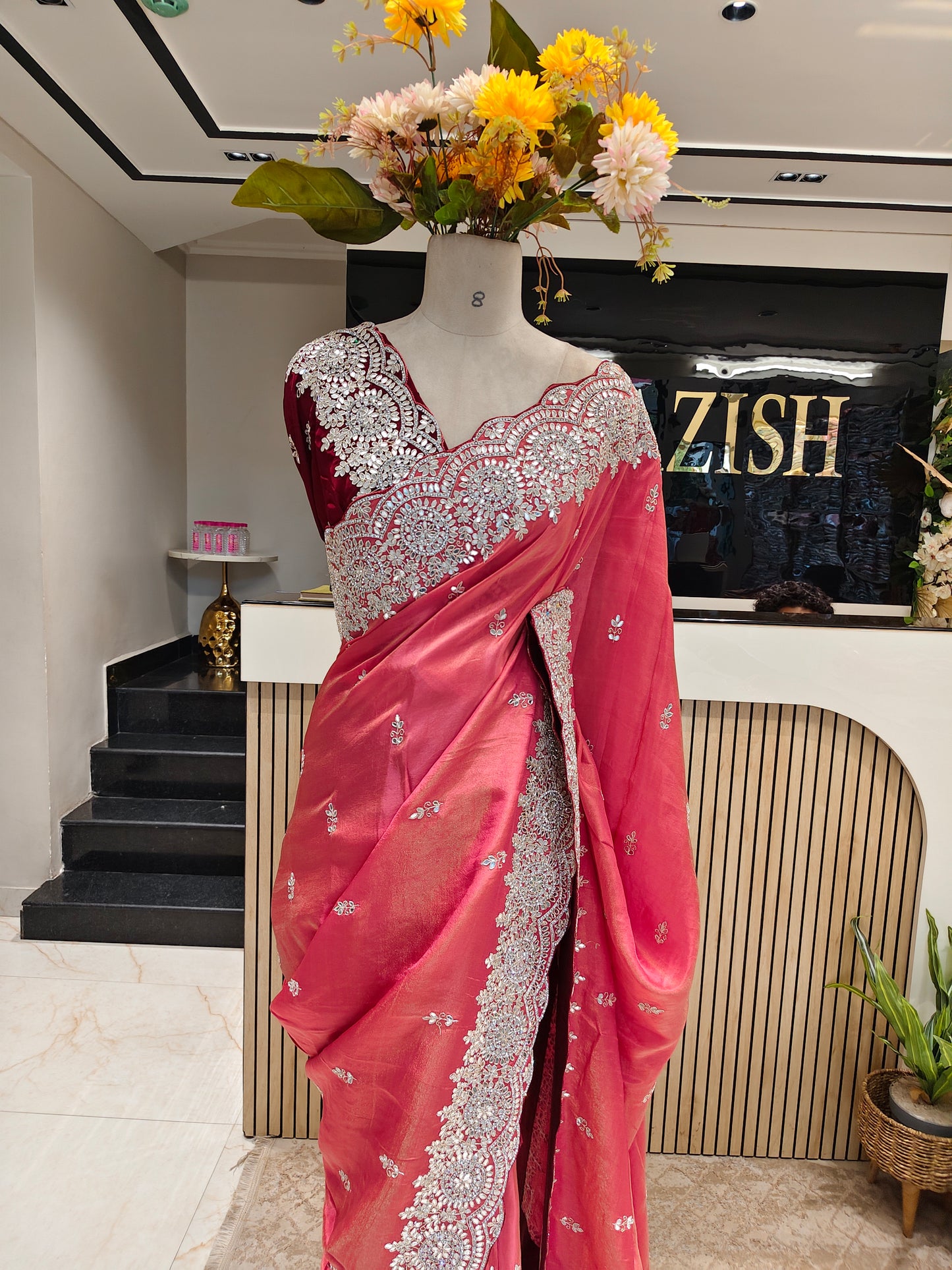 Carrot Pink & Wine Tissue Saree