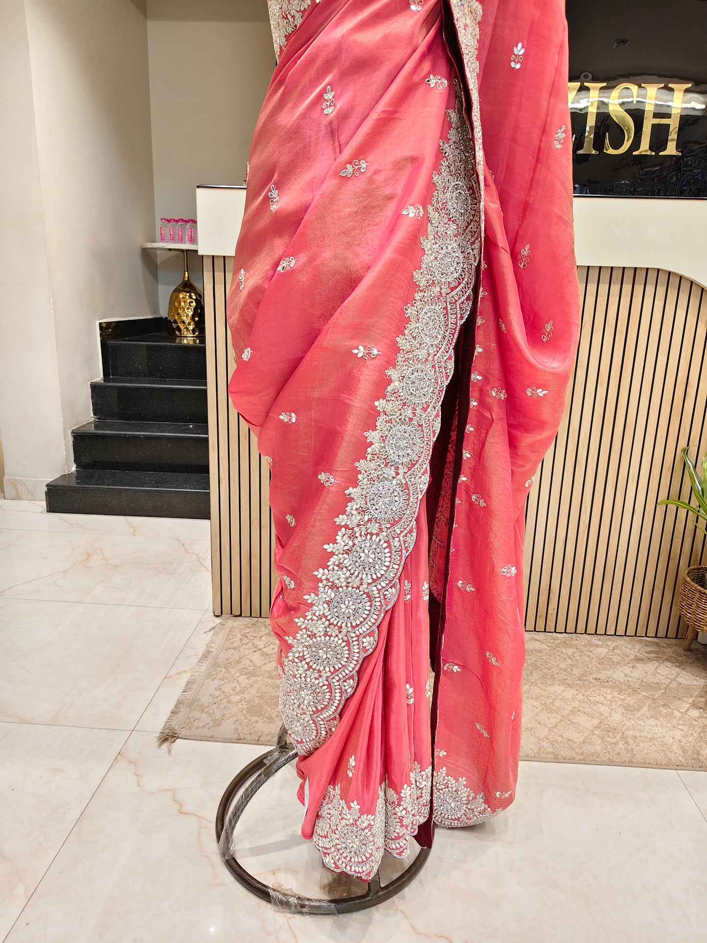 Carrot Pink & Wine Tissue Saree