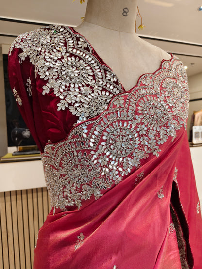 Carrot Pink & Wine Tissue Saree