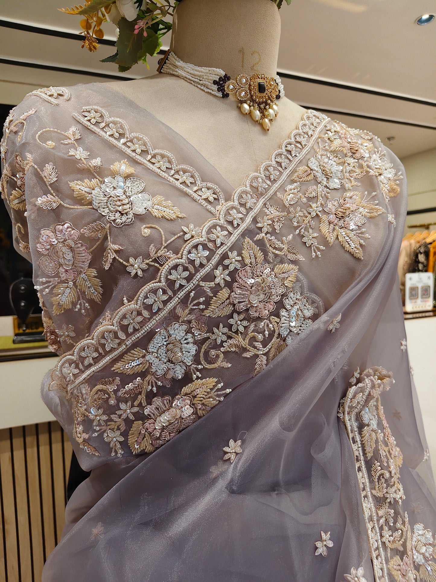 Grey Glass Tissue Saree