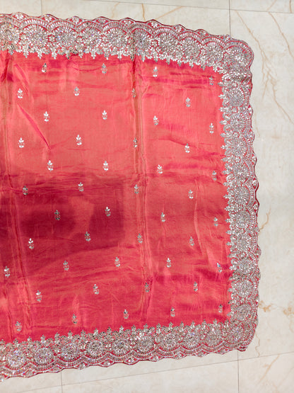 Carrot Pink & Wine Tissue Saree