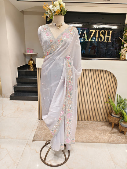 Grey Crepe Saree