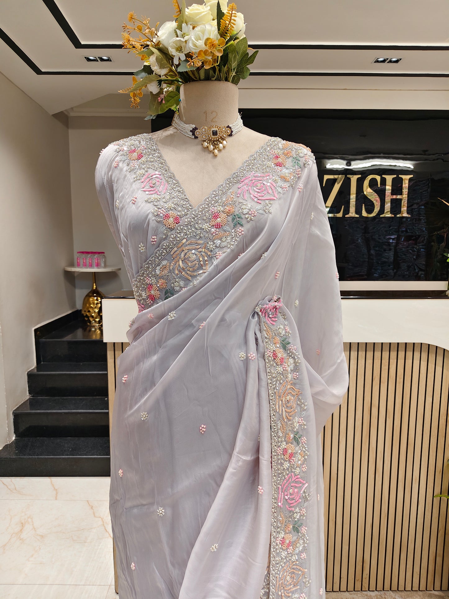 Grey Crepe Saree