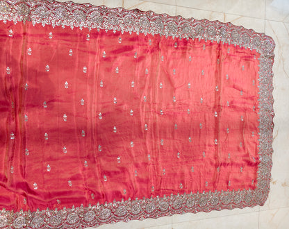 Carrot Pink & Wine Tissue Saree