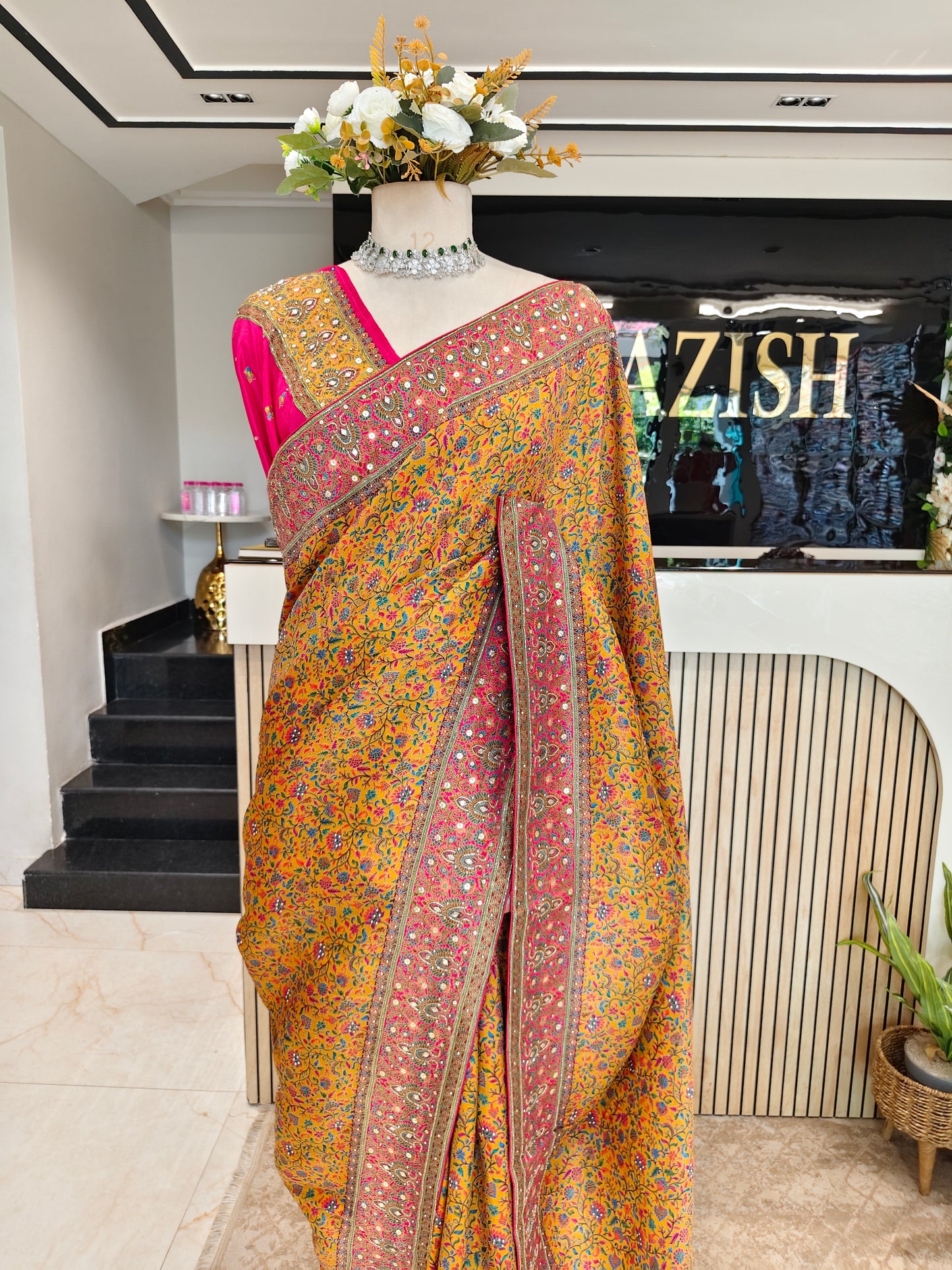 Mustard & Rani Pink Modal Crepe Saree