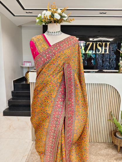 Mustard & Rani Pink Modal Crepe Saree