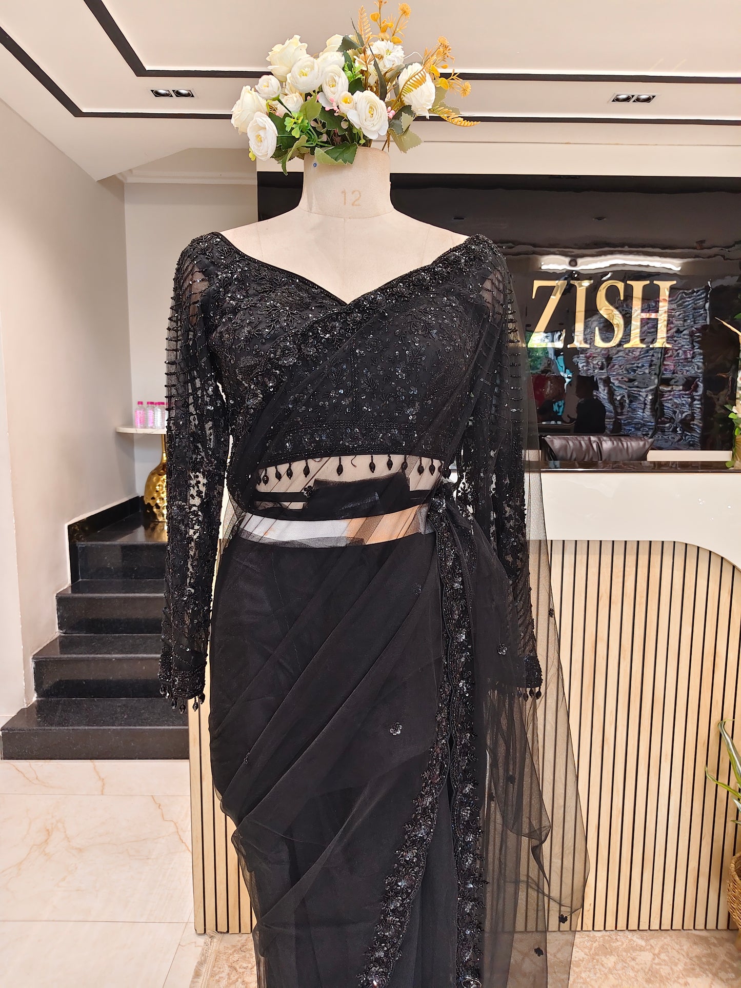 Black Net Saree