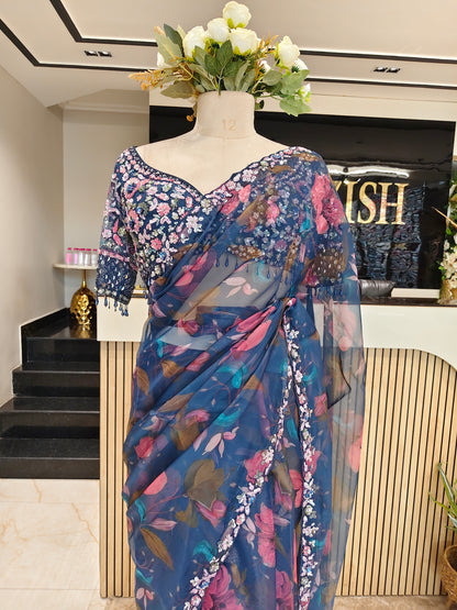 Navy Blue Organza Saree