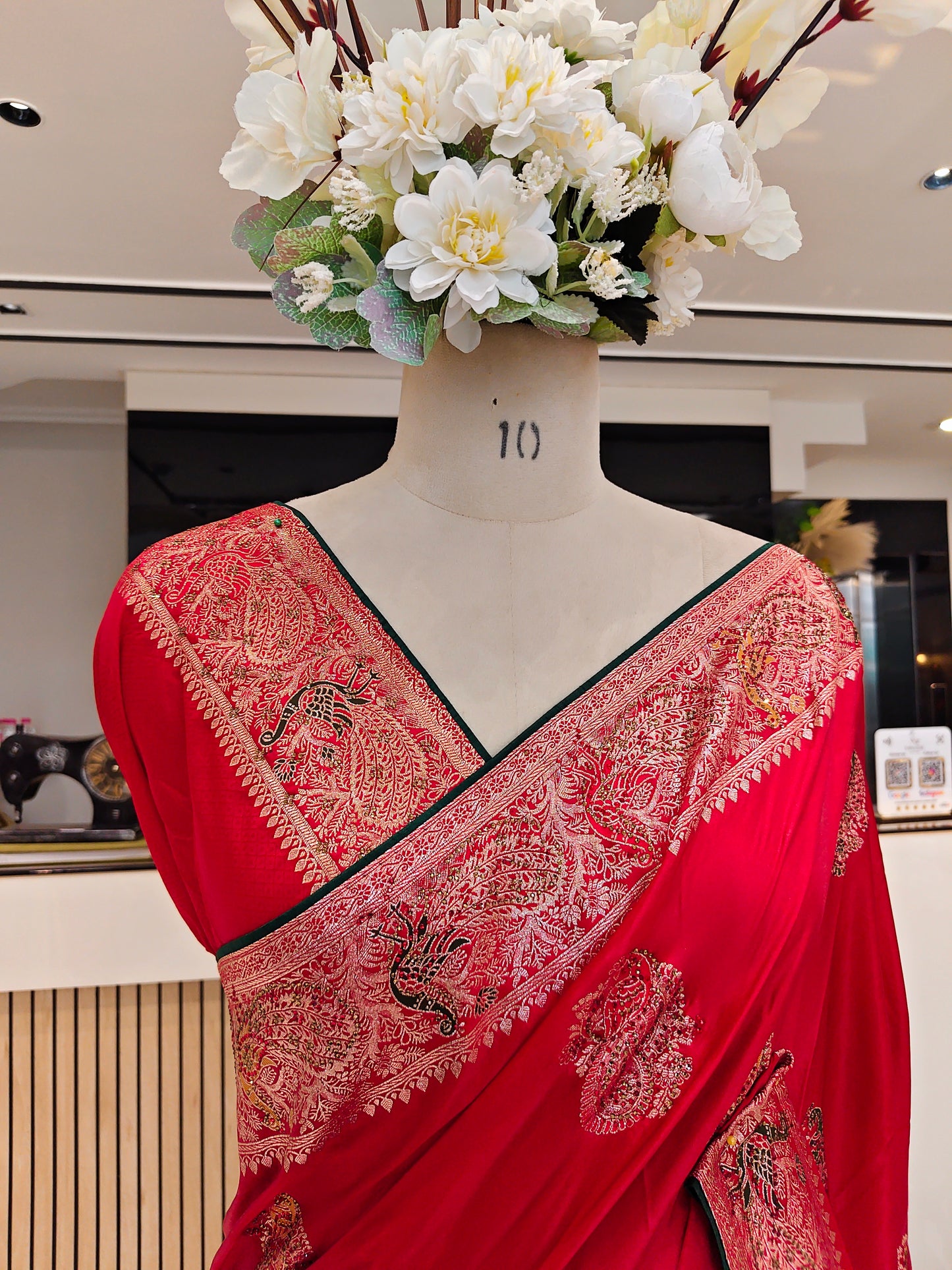 Red & Bottle Green Banarasi Silk Saree