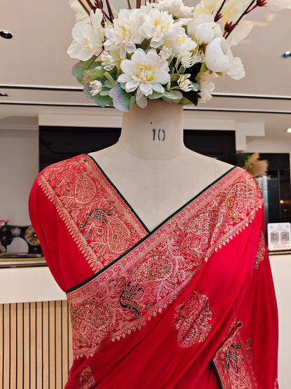 Red & Bottle Green Banarasi Silk Saree