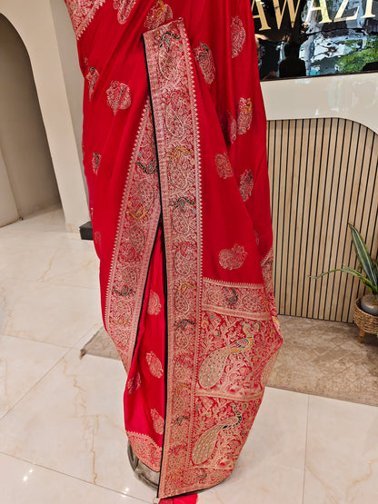 Red & Bottle Green Banarasi Silk Saree