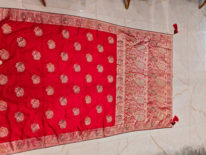 Red & Bottle Green Banarasi Silk Saree