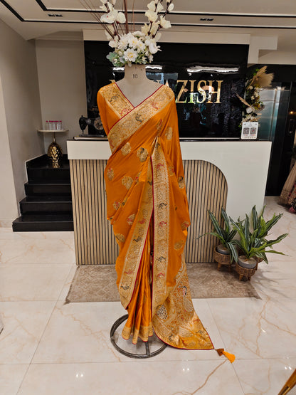 Mustard & Bottle Green Banarasi Silk Saree