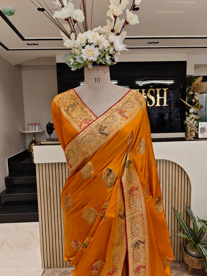 Mustard & Bottle Green Banarasi Silk Saree