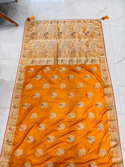 Mustard & Bottle Green Banarasi Silk Saree