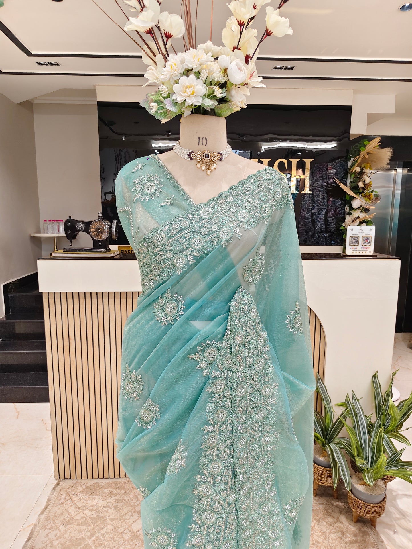 Green Net Saree