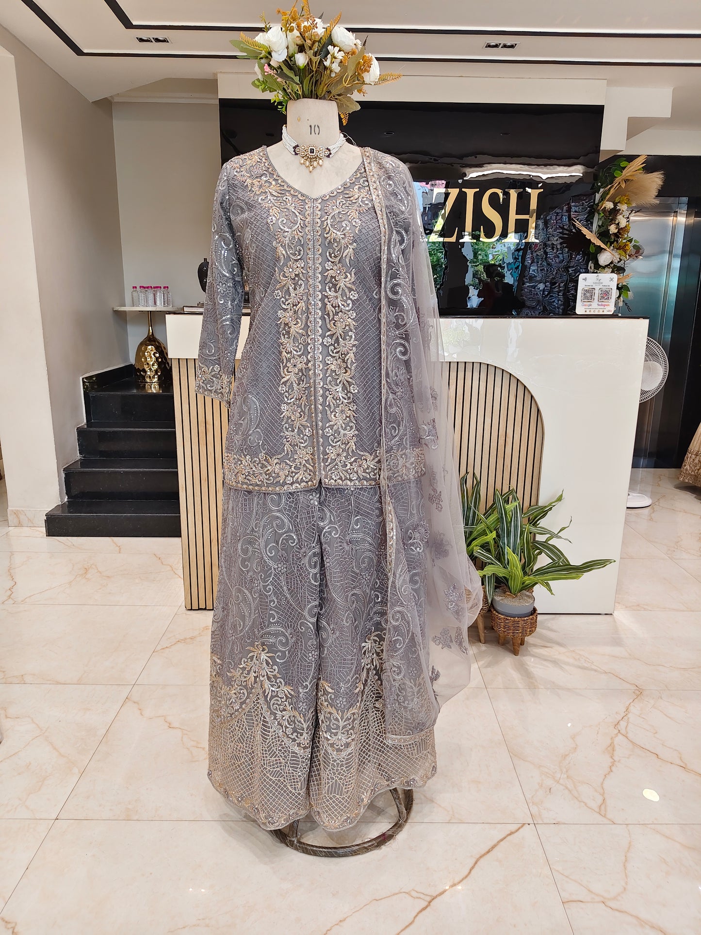 Grey Net Sharara Set