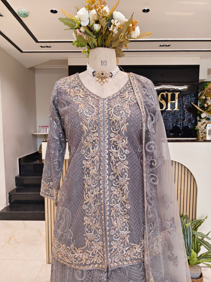 Grey Net Sharara Set
