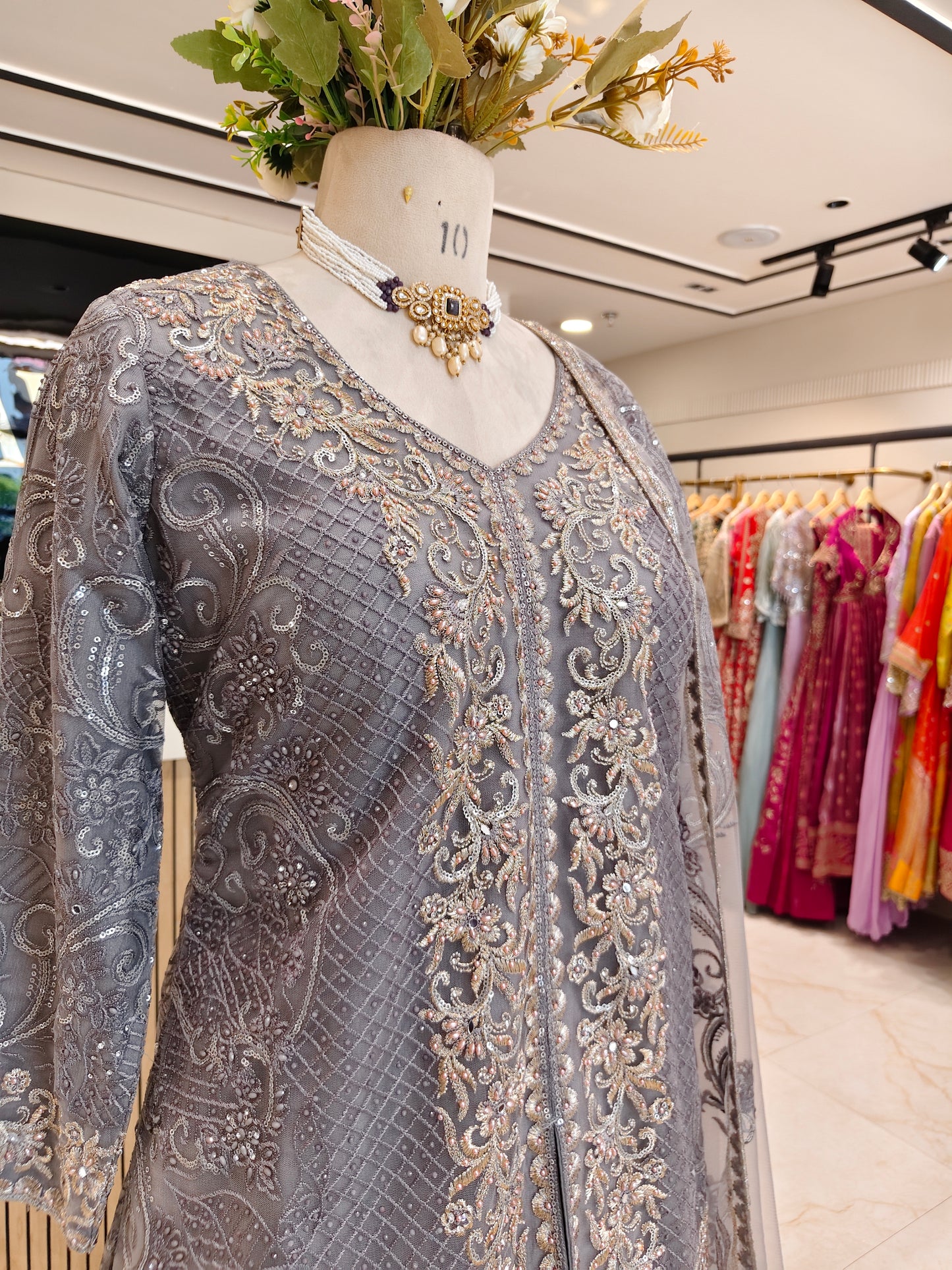 Grey Net Sharara Set