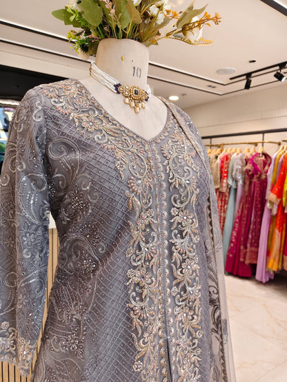 Grey Net Sharara Set