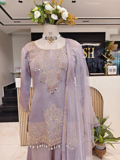 Lavender Jacquard Tissue Sharara Set