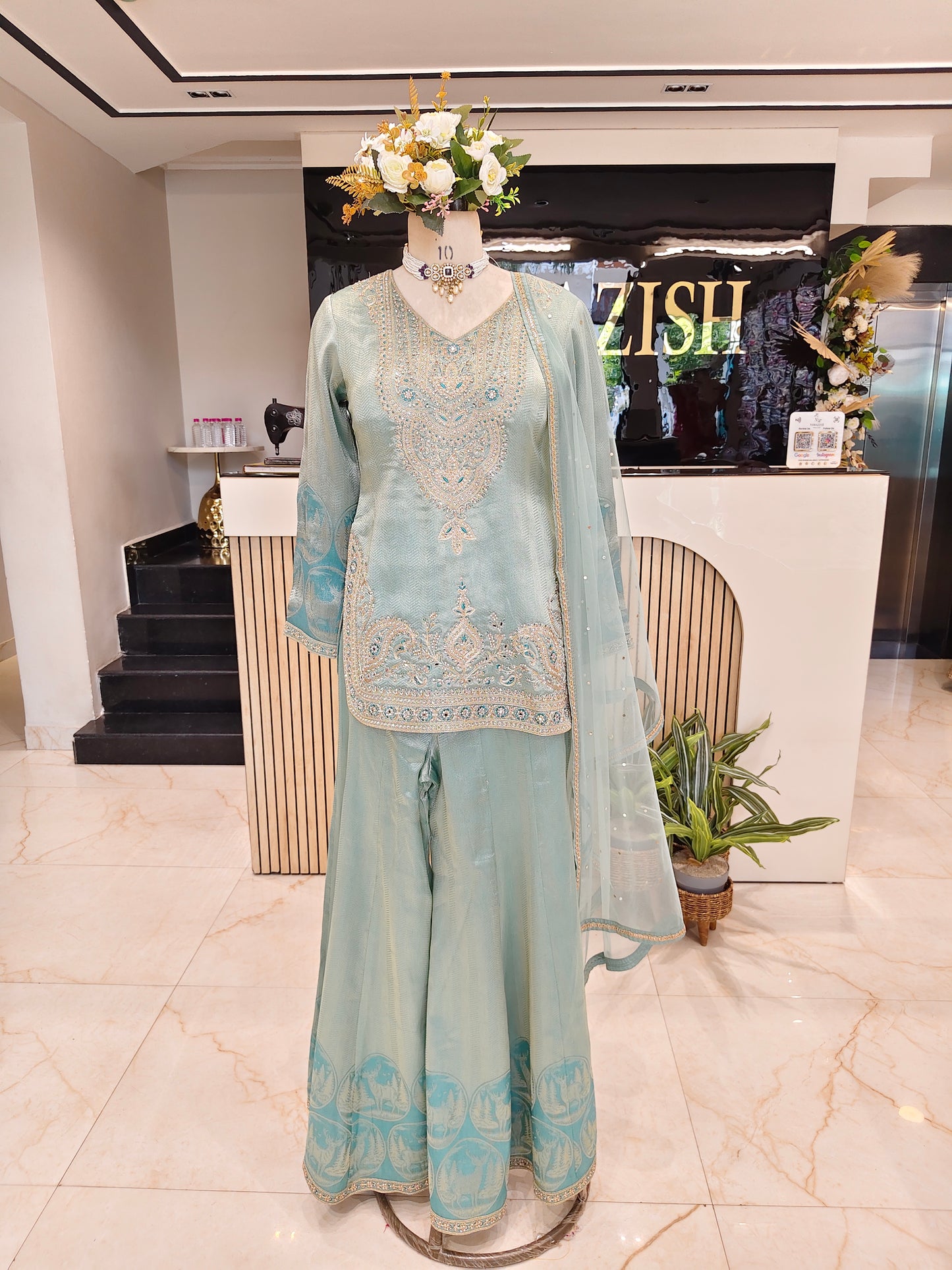 Sea Green Jacquard Tissue Sharara Set