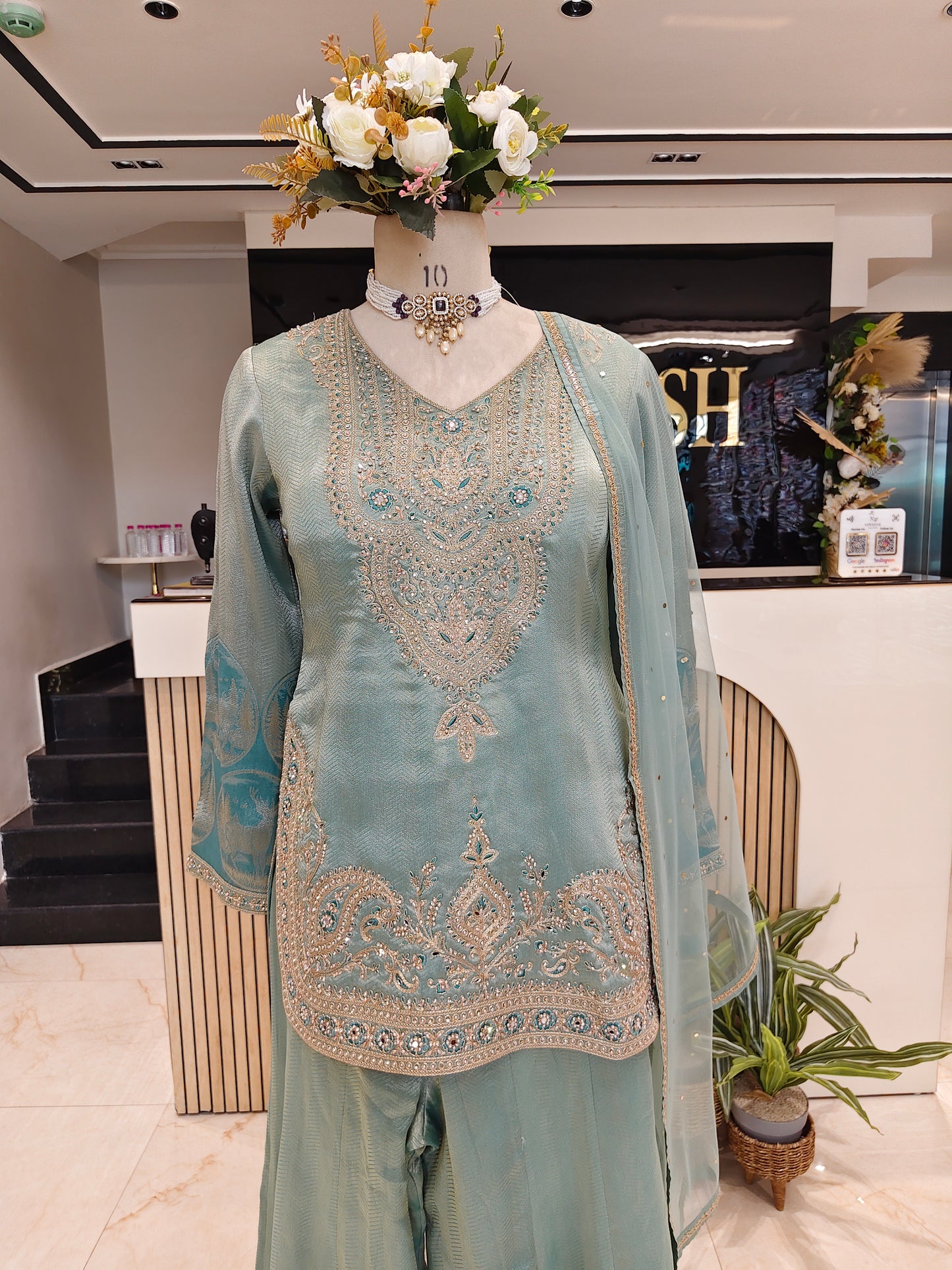 Sea Green Jacquard Tissue Sharara Set
