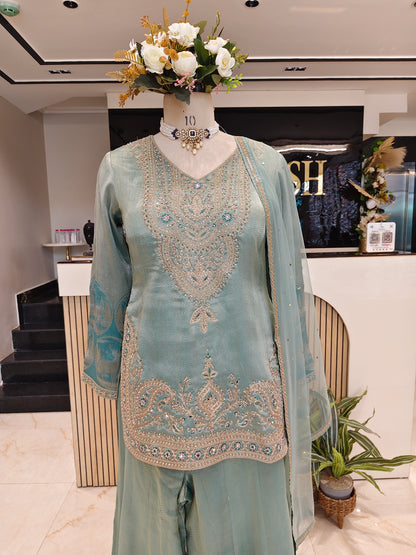 Sea Green Jacquard Tissue Sharara Set