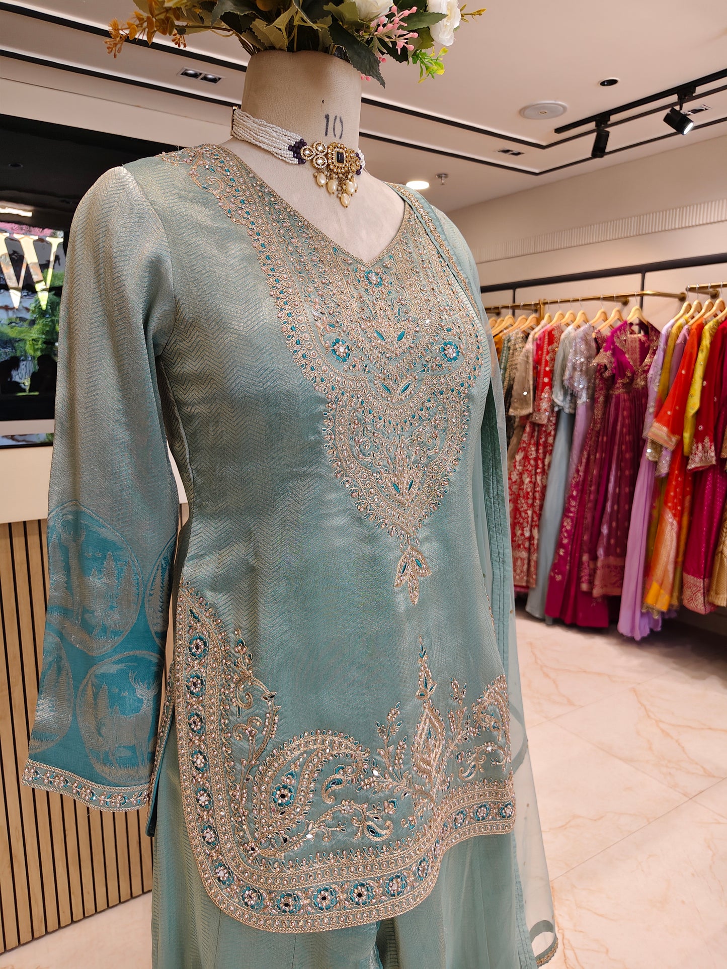 Sea Green Jacquard Tissue Sharara Set