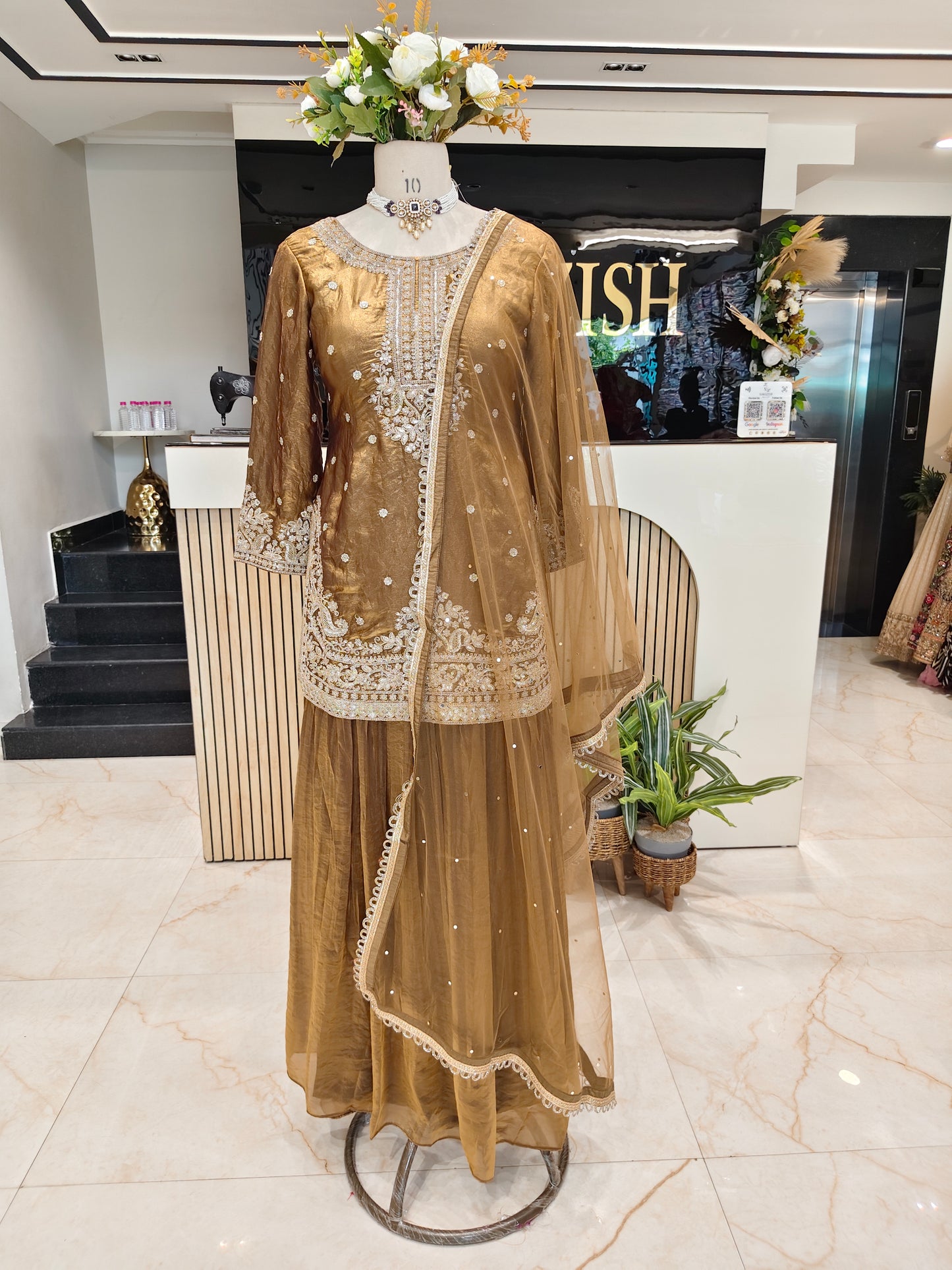 Golden Tissue Sharara Set