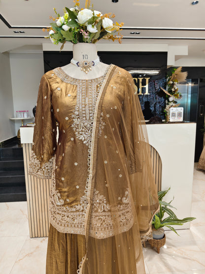 Golden Tissue Sharara Set