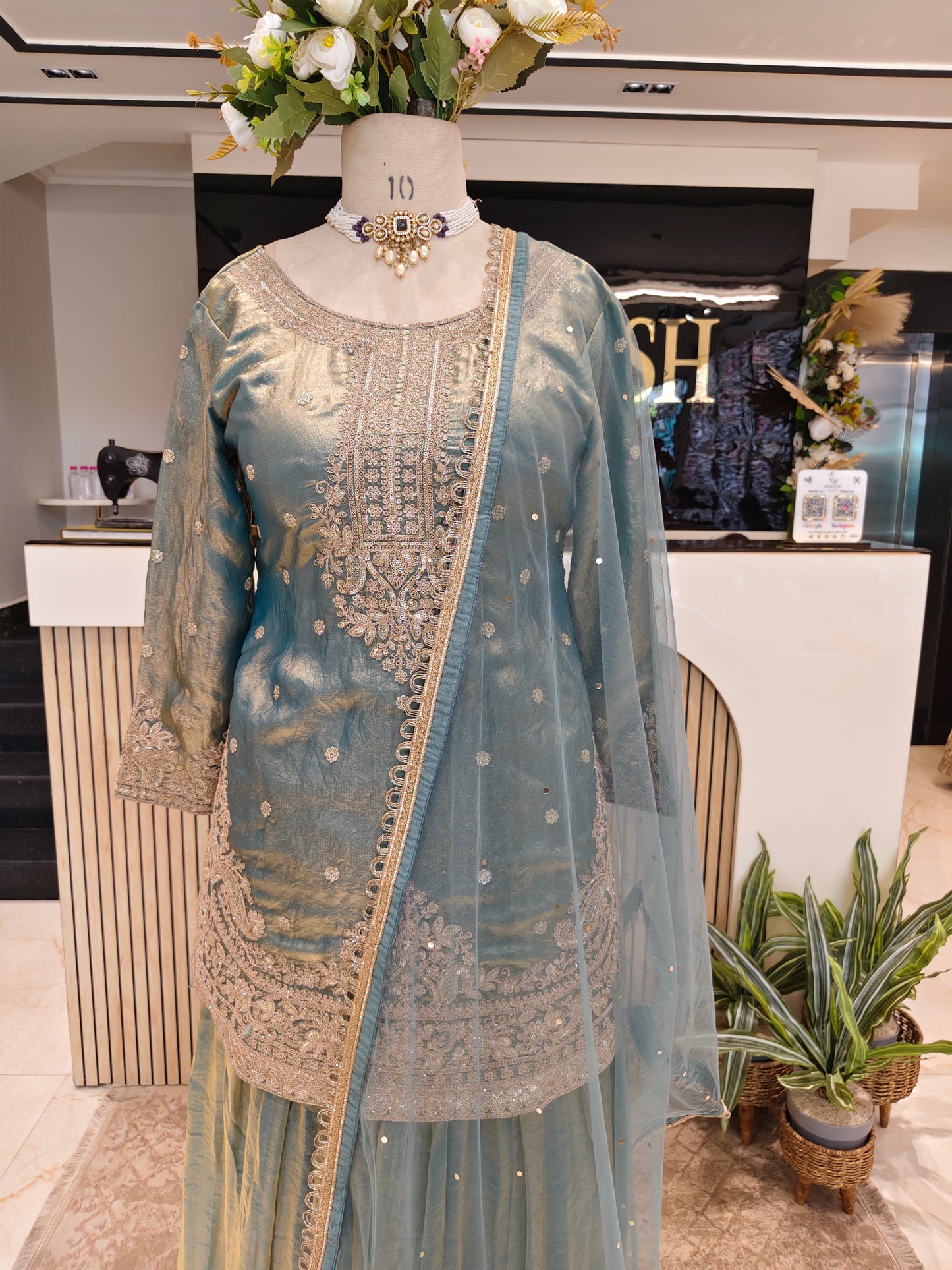 Olive Green Tissue Garara Set