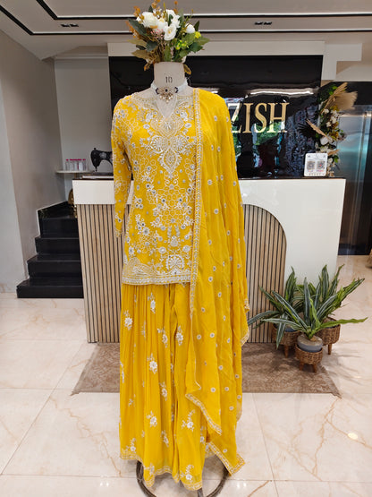Yellow Georgette Sharara Set