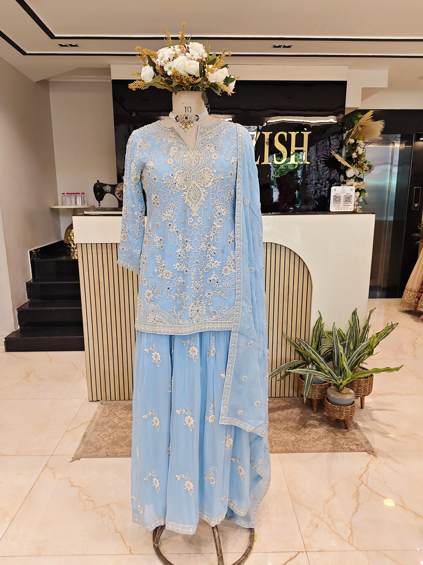 Sky Blue Georgette Sharara Set