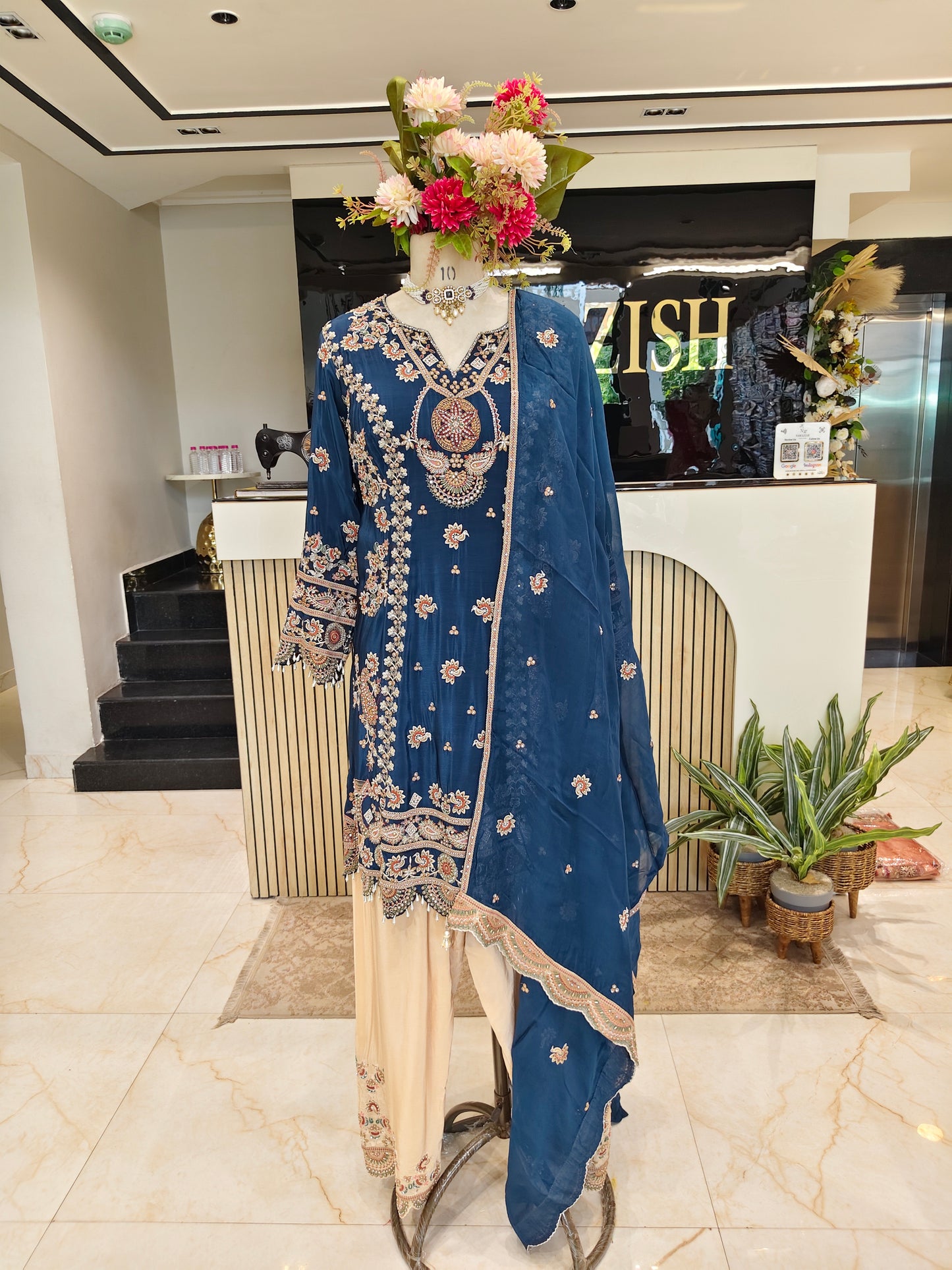 Navy Blue & Cream Kurta Farshi Salwar Set