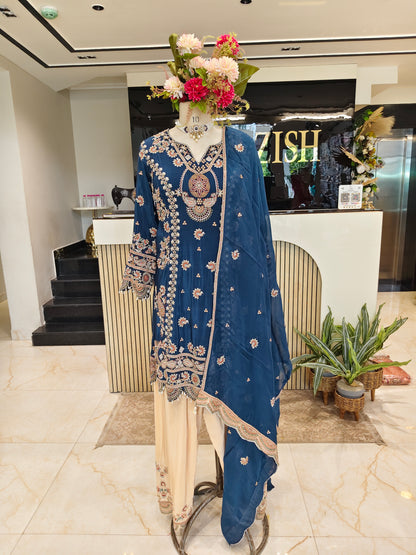 Navy Blue & Cream Kurta Farshi Salwar Set