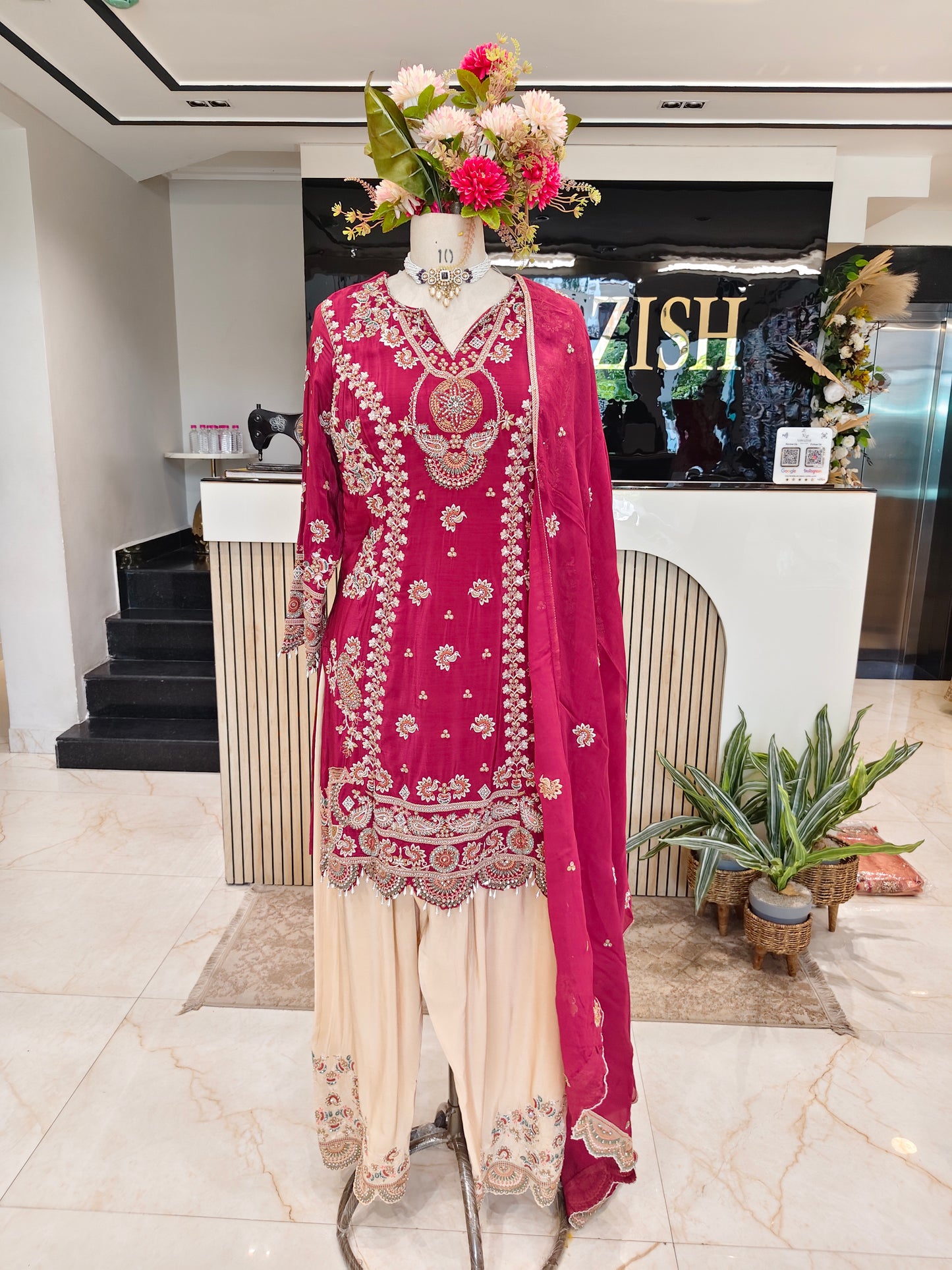 Maroon & Cream Crepe Farshi Salwar Set