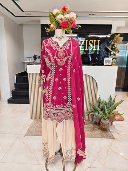 Maroon & Cream Crepe Farshi Salwar Set