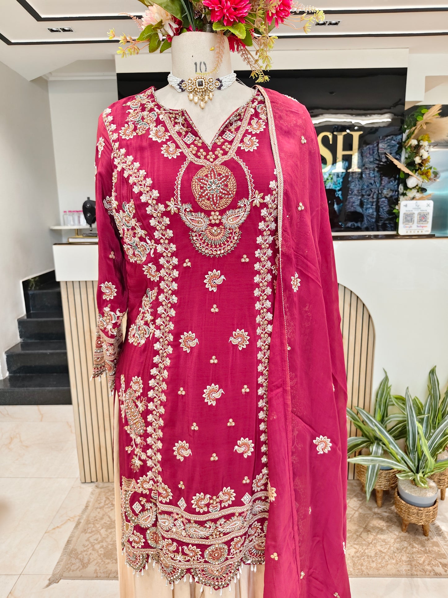 Maroon & Cream Crepe Farshi Salwar Set