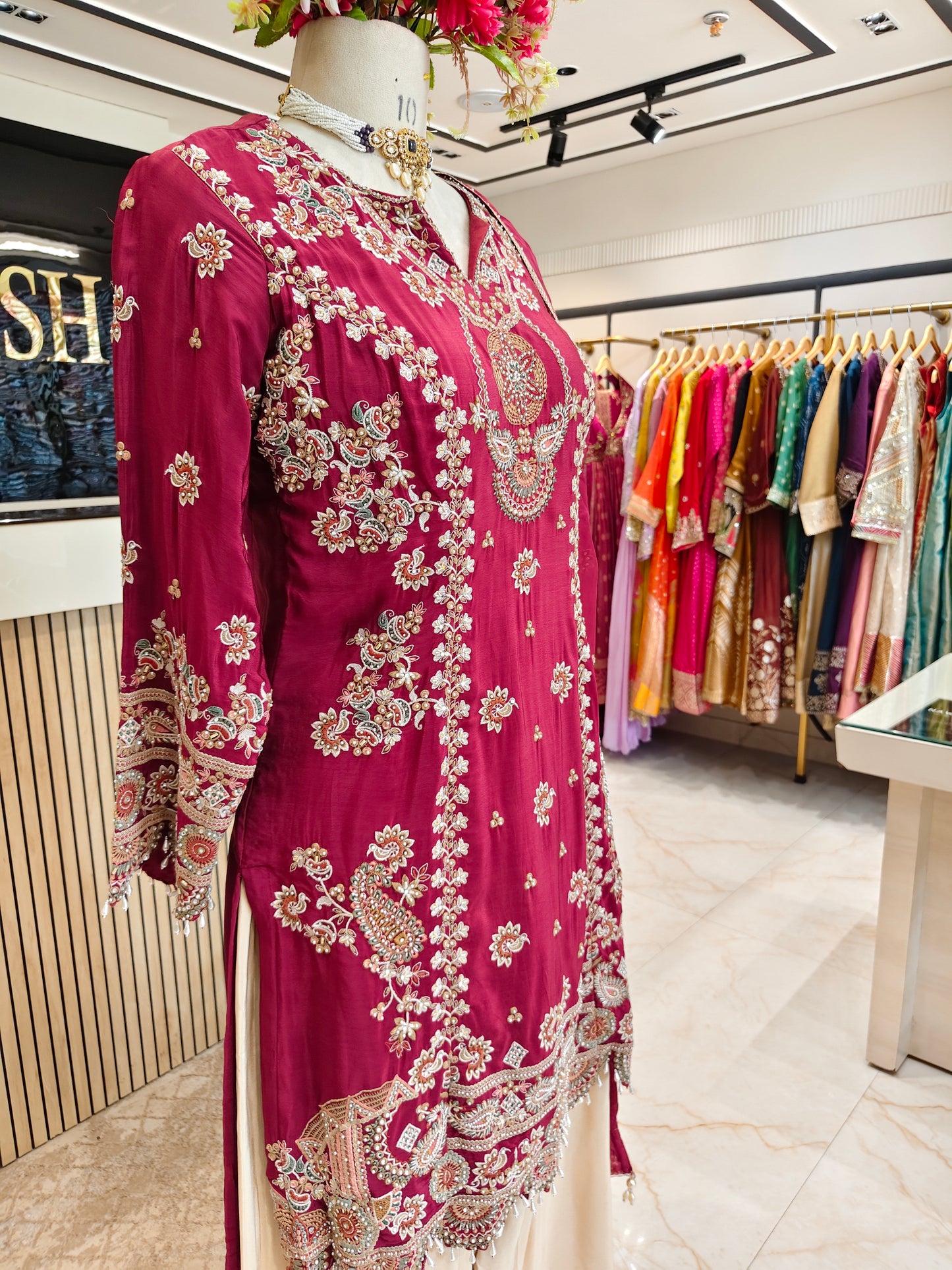 Maroon & Cream Crepe Farshi Salwar Set