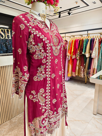 Maroon & Cream Crepe Farshi Salwar Set