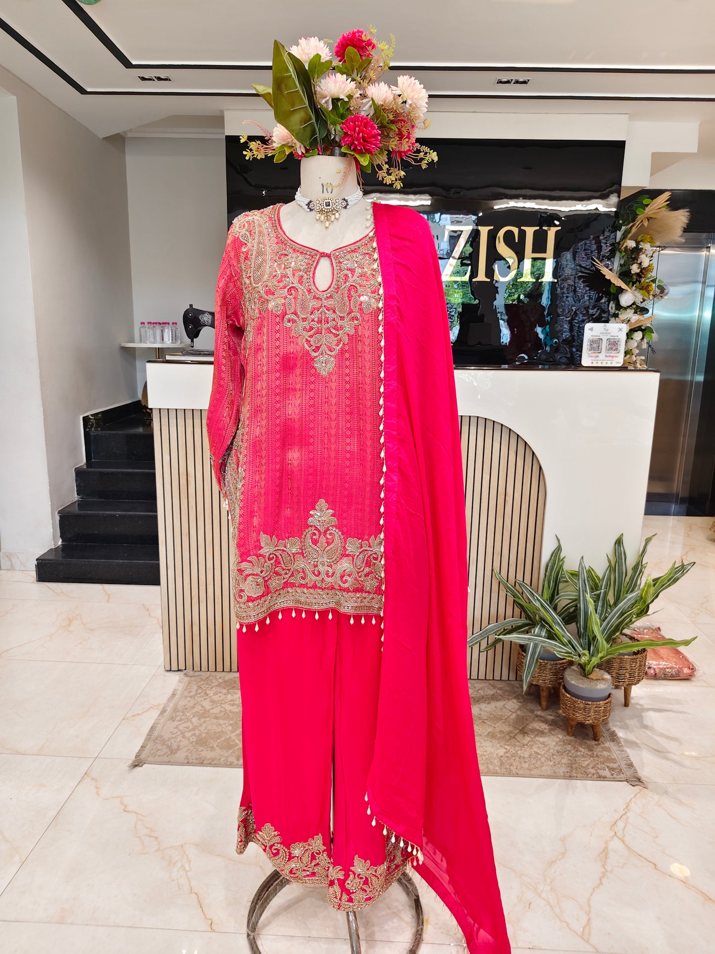 Rani Pink Jacquard Tissue Farshi Salwar Set