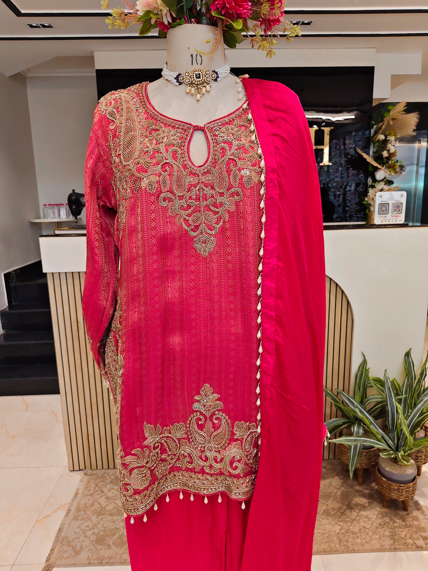 Rani Pink Jacquard Tissue Farshi Salwar Set